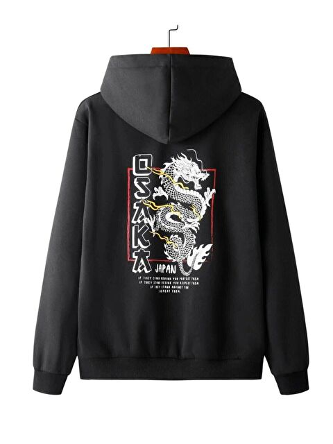 Trendseninle Unisex Kapüşonlu SİYAH Oversize Sweatshirt Baskılı Osaka - S000107314-19351