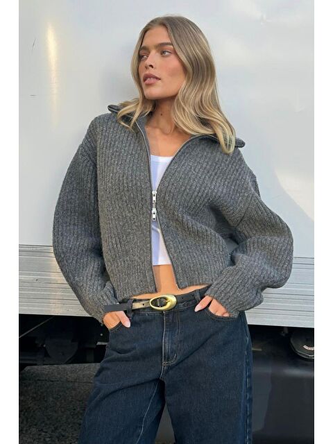 Madmext Antrasit Fermuarlı Kadın Triko Hırka Mg2532 - S000437800-29666