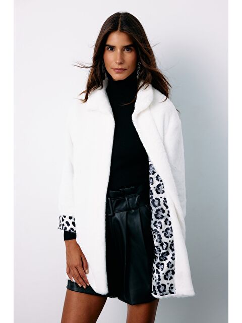 SATEEN Leopar Astarlı Pelüş Kaban - Ekru - S000324061-19965
