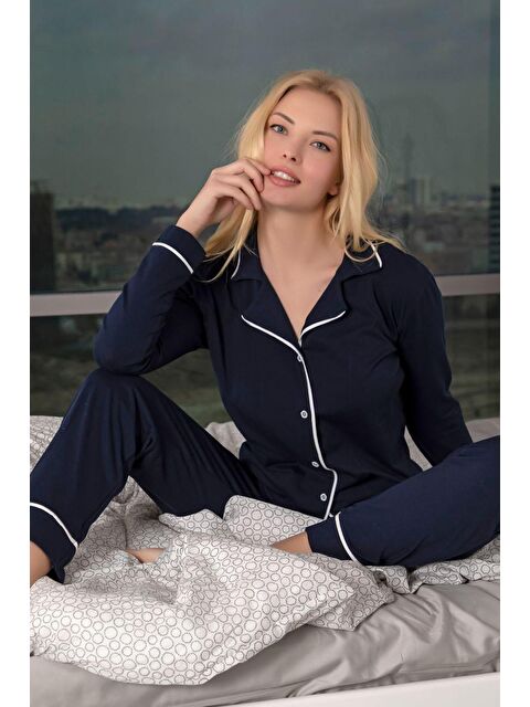 Siyah İnci Uzun Kollu Pamuklu Düğmeli Biyeli Pijama Takım - S000219969-21164