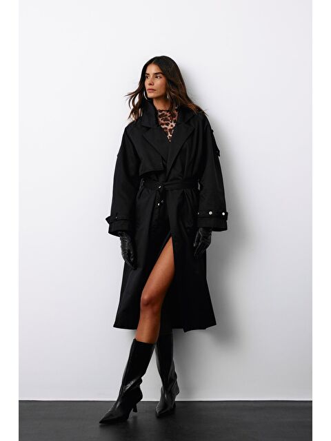 SATEEN Kuşaklı Uzun Trençkot - Siyah - S000324389-19351