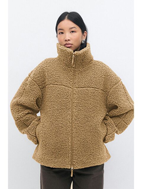 Madmext Kahverengi Çift Fermuarlı Kadın Pelüş Mont Mg2556 - S000457686-19413