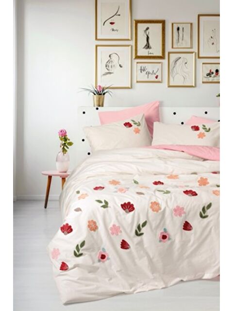 Varol Pamuk Box Puff Nakışlı Çift Kişilik Nevresim Takımı Blossom Somon - S000448279-23173