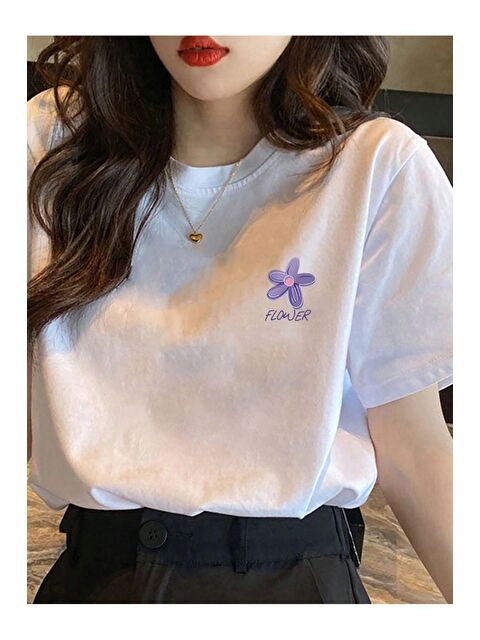Trendseninle Kadın Beyaz Flower Baskılı Oversize Tişört - S000139586-20063