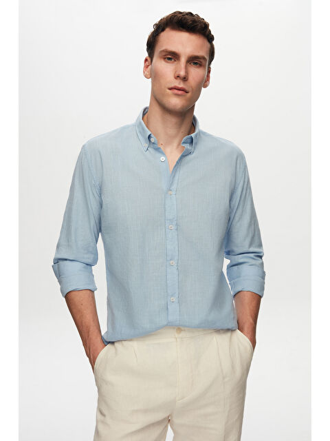 D'S damat Slim Fit Mavi Düğmeli Yaka %100 Pamuk Yazlık Flamlı Keten Görünümlü Gömlek