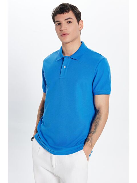 TUDORS Erkek Slim Fit Dar Kesim %100 Pamuk İndigo Polo Yaka Tişört