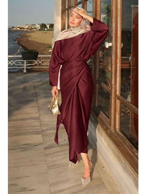 HE-QA İki Parçalı Basic Elbise Bordo