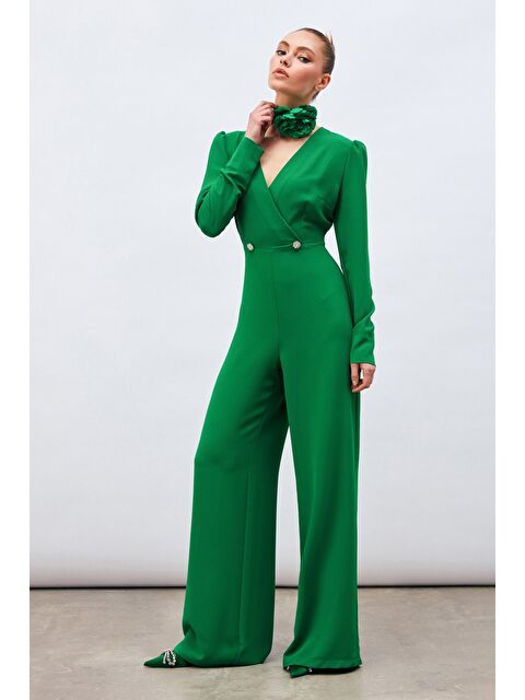 SATEEN Kruvaze Süs Taşlı Krep Tulum - Yeşil - S000324363-18194