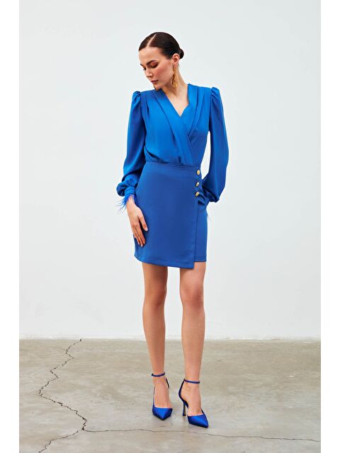 SATEEN Kruvaze Düğme Detaylı Etek - İndigo - S000324030-23093