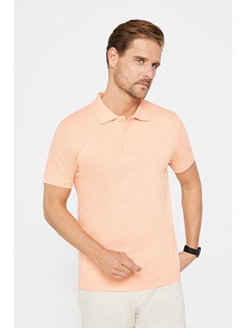 TUDORS Erkek Slim Fit Dar Kesim %100 Pamuk Düz Pike Somon Polo Yaka Tişört