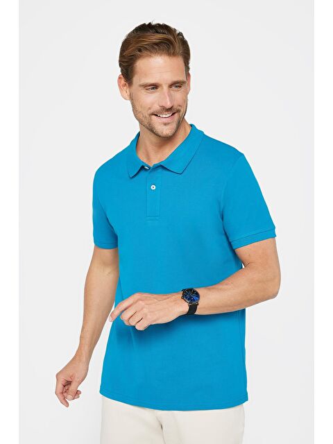 TUDORS Erkek Slim Fit Dar Kesim %100 Pamuk Düz Pike Mavi Polo Yaka Tişört