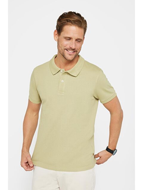 TUDORS Erkek Slim Fit Dar Kesim %100 Pamuk Düz Pike Yeşil Polo Yaka Tişört