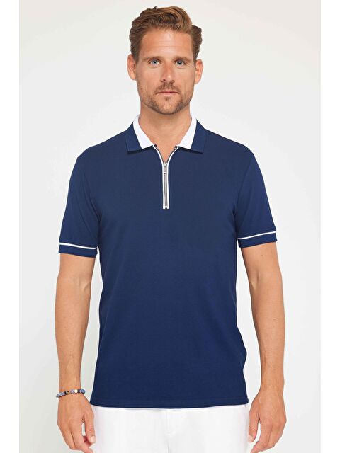 TUDORS Erkek Slim Fit Dar Kesim %100 Pamuk Düz Pike Fermuarlı Lacivert Polo Yaka Tişört - S000197292-21164