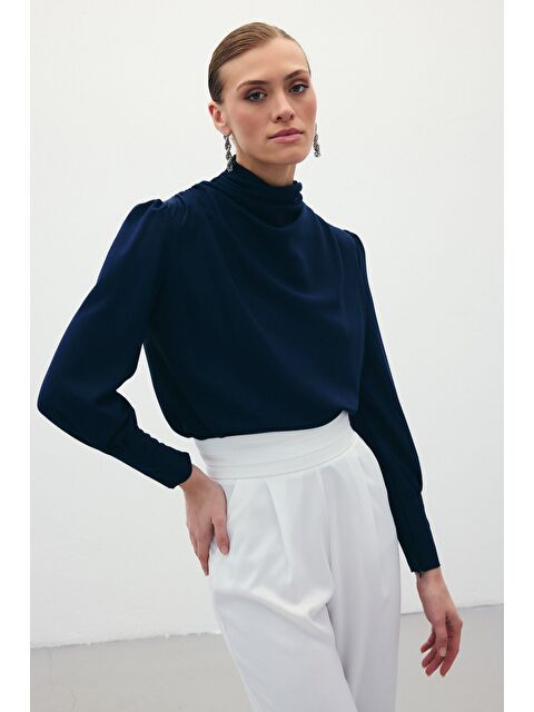 SATEEN Drape Detaylı Bluz - Lacivert - S000323013-21164