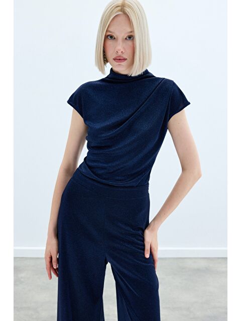 SATEEN Simli Dik Yaka Bodysuit - Lacivert - S000338599-21164