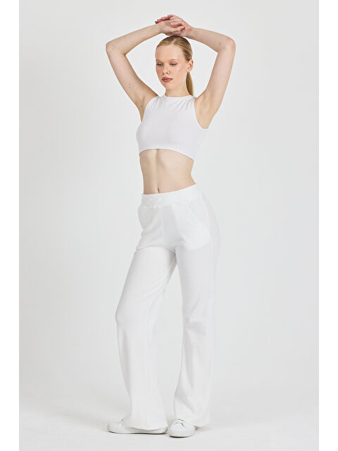 Mmetalic Kadın Ekru Yüksek Bel Bol Paça Kaşkorse Fitilli Cepli Pantolon Eşofman Altı - S000347740-19965