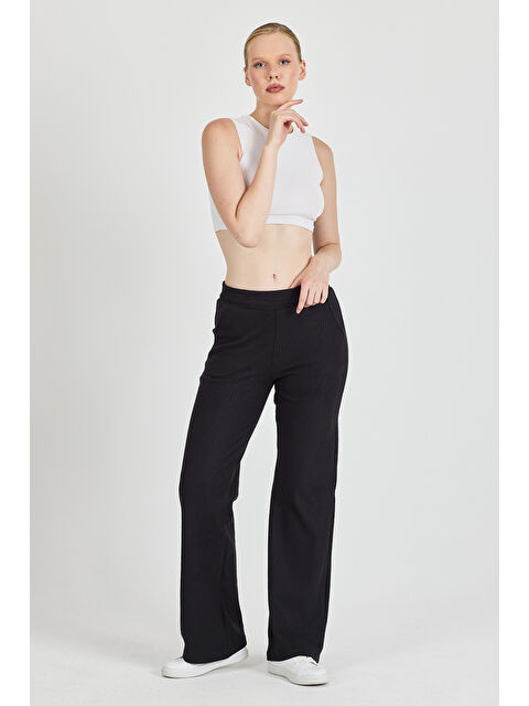 Mmetalic Kadın Siyah Yüksek Bel Bol Paça Kaşkorse Fitilli Cepli Pantolon Eşofman Altı - S000347740-19351