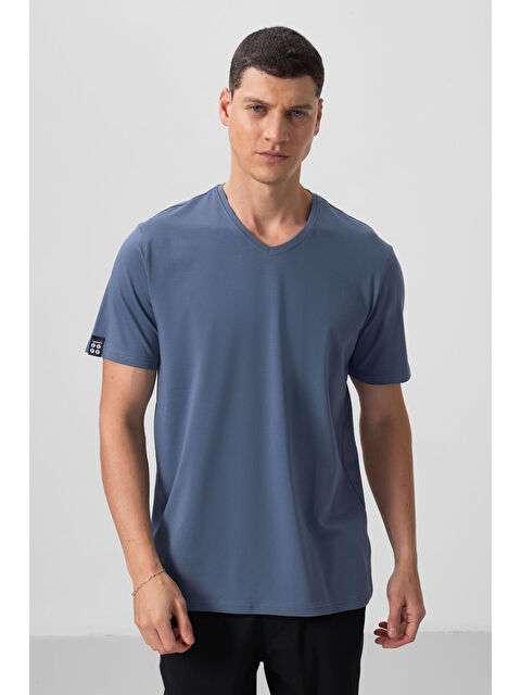 Tommylife Petrol Basic Kısa Kol Standart Kalıp V Yaka Erkek Tişört - 87912 - S000027059-20019