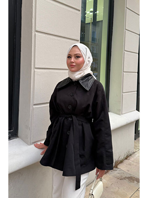 Locco Moda Kadın Yakası Deri Trenç Siyah - S000456707-19351