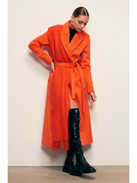 SATEEN Kuşaklı Uzun Kaban - Oranj - S000324077-20013