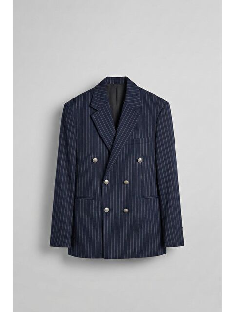 Abluka Online Erkek Çizgili Oversize Kruvaze Takım Elbise Lacivert - S000407246-21164