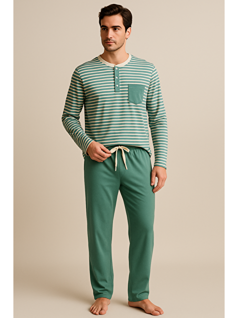 Katia And Bony Erkek Çizgili Cepli Pijama Takımı Yeşil