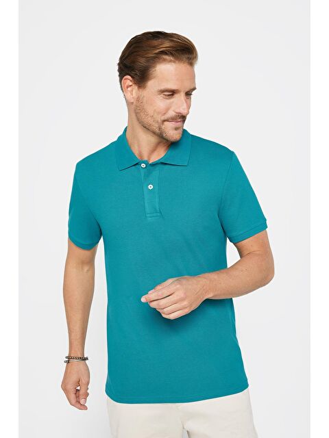 TUDORS Erkek Slim Fit Dar Kesim %100 Pamuk Düz Pike Mavi Polo Yaka Tişört