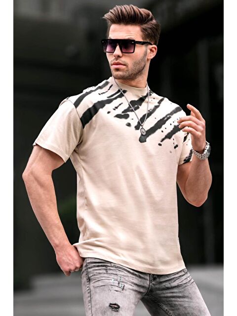 Madmext Bej Desenli Over Fit Erkek %100 Pamuk Tişört 6116 - S000016374-19928