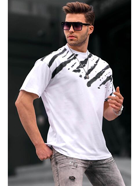 Madmext Beyaz Desenli Over Fit Erkek %100 Pamuk Tişört 6116 - S000016374-20063