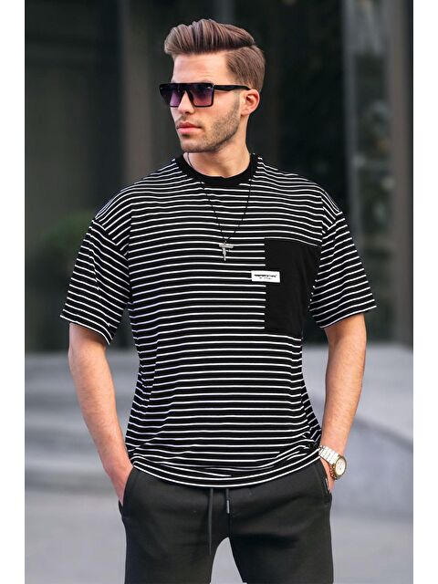 Madmext Siyah Çizgili Yamalı Erkek Tişört 6085 - S000016375-19351