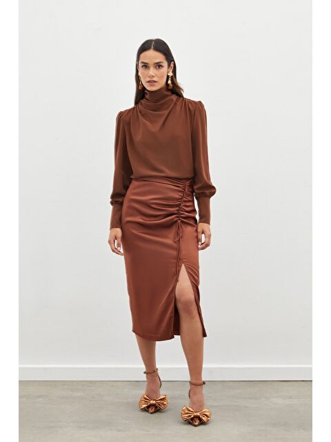 SATEEN Büzgü Detaylı Saten Etek - Kahve - S000324049-19413