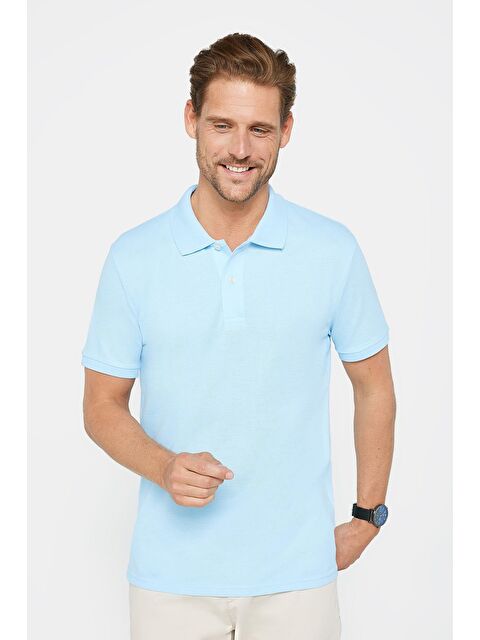 TUDORS Erkek Slim Fit Dar Kesim %100 Pamuk Düz Pike Mavi Polo Yaka Tişört