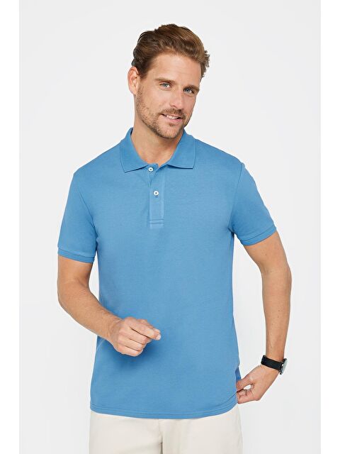 TUDORS Erkek Slim Fit Dar Kesim %100 Pamuk Düz Pike İndigo Polo Yaka Tişört