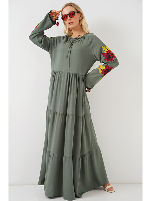 Bigdart Nakışlı Uzun Elbise 2534 - Haki - S000380597-18547