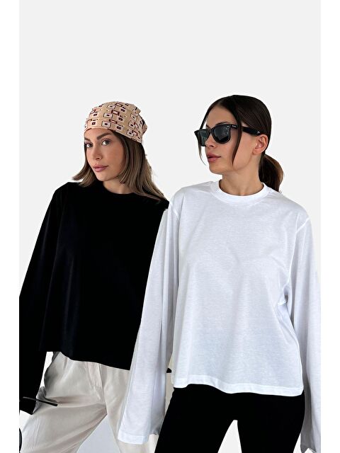 C&City Geniş Kol Oversize 2'Li Paket T-Shirt 965 Siyah/Beyaz - S000421888-19351