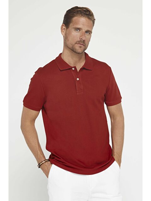 TUDORS Erkek Slim Fit Dar Kesim %100 Pamuk Düz Pike Bordo Polo Yaka Tişört