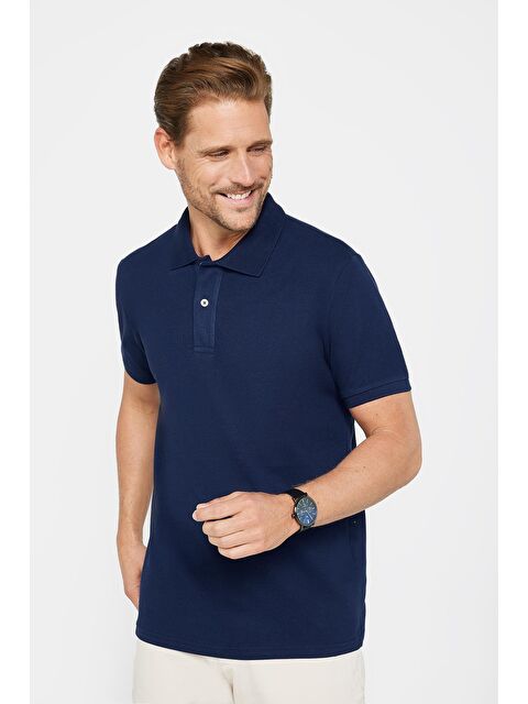 TUDORS Erkek Slim Fit Dar Kesim %100 Pamuk Düz Pike Lacivert Polo Yaka Tişört - S000200003-21164