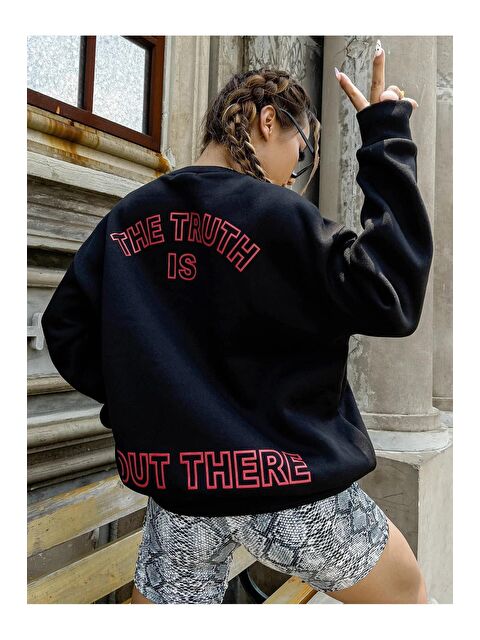Trendseninle Kadın SİYAH Önü Dream Yazılı Sırt Truth Baskılı Oversize Sweatshirt - S000107321-19351