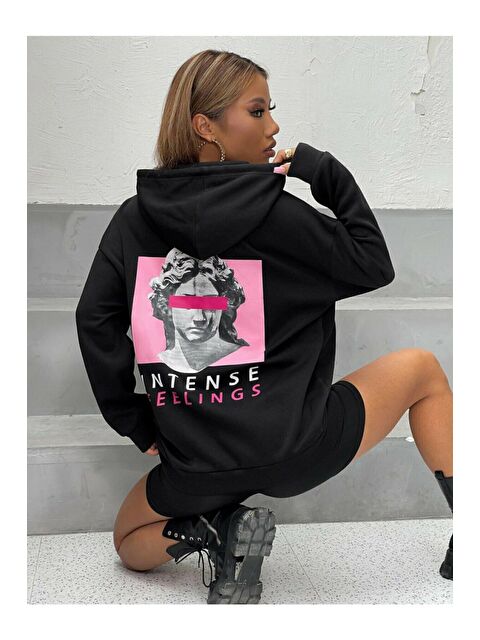Trendseninle Unisex SİYAH Intense Baskılı Kapüşonlu Oversize Sweatshirt Hoddie - S000107322-19351