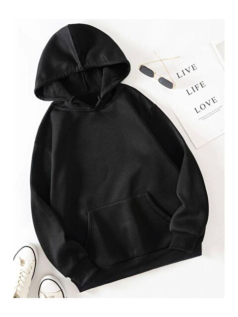 Trendseninle Düz Siyah Kapüşonlu Sweatshirt - S000107325-19351