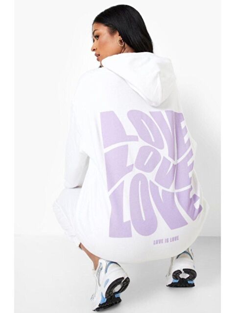 Trendseninle Kadın BEYAZ Sırt LLLOVE Baskılı Oversize Sweatshirt Hoddie - S000107327-20063