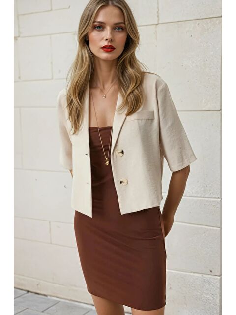 Hazelin Kadın Bej Kısa Kollu Şal Yaka Düğmeli Mevsimlik Keten Ayrobin Ceket HZL24S-BD107061 - S000208138-19928