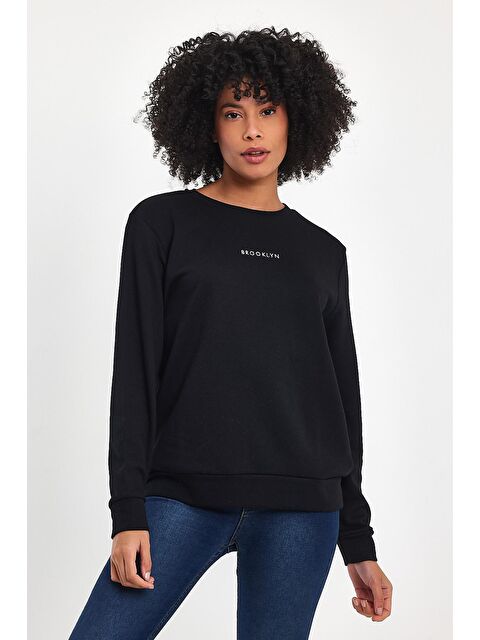 Süperlife Kadın Bisiklet Yaka Rahat Kalıp 3 iplik Kalın Orta Brooklyn Nakışlı Sweatshirt SPR24SWk34 - S000114513-19351