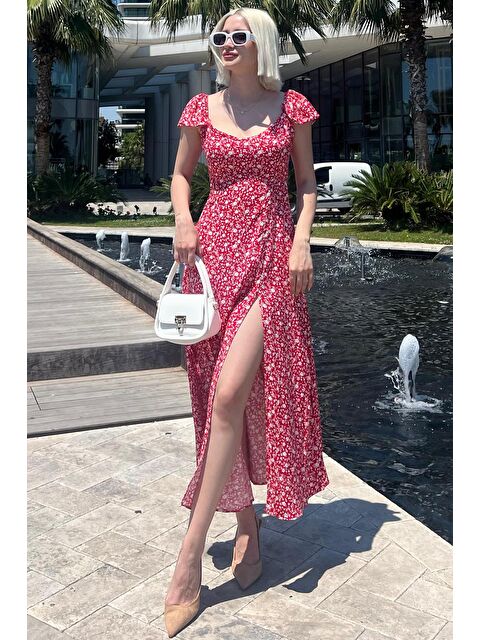 Madmext Kırmızı Desenli Yırtmaçlı Uzun Elbise Mg2004 - S000175633-20045