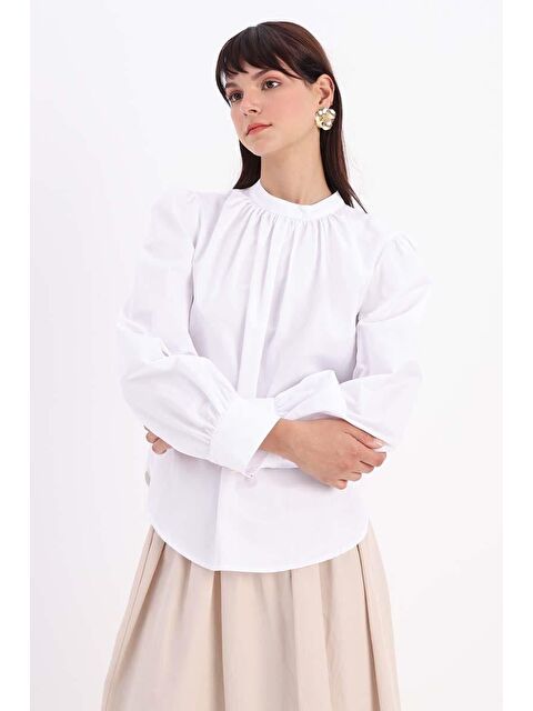 ALLDAY Beyaz Pamuklu Yakası Büzgülü Bluz - S000211350-20063