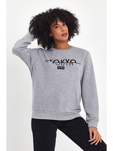 Süperlife Kadın Bisiklet Yaka Rahat Kalıp 3 iplik Kalın Tokyo Baskılı Sweatshirt SPR24SWk30 - S000114514-17308