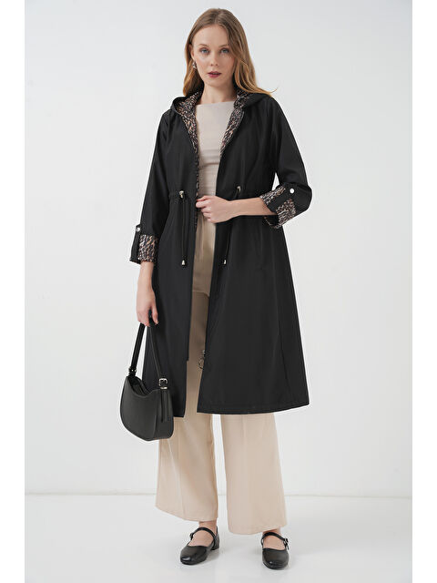 Bigdart 9091 Beli Büzgülü Kapüşonlu Trençkot - Siyah - S000089751-19351