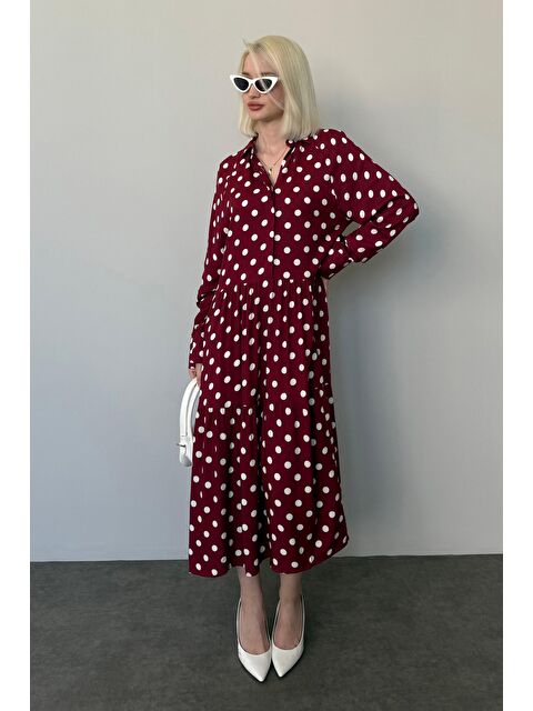 Madmext Bordo Uzun Kollu Düğmeli Desenli Elbise Mg2430