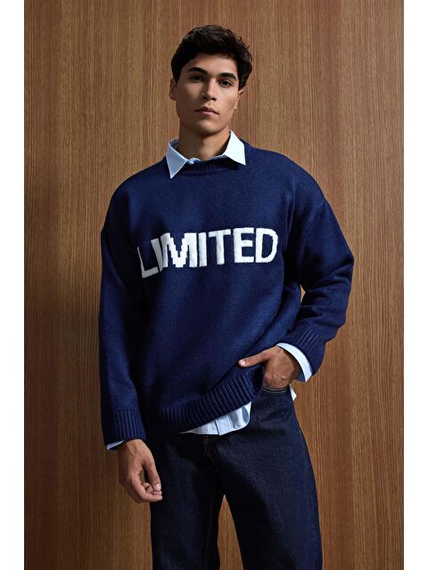 Abluka Online Erkek Oversize Limited Kabartma Baskılı Triko Kazak Lacivert - S000493999-21164