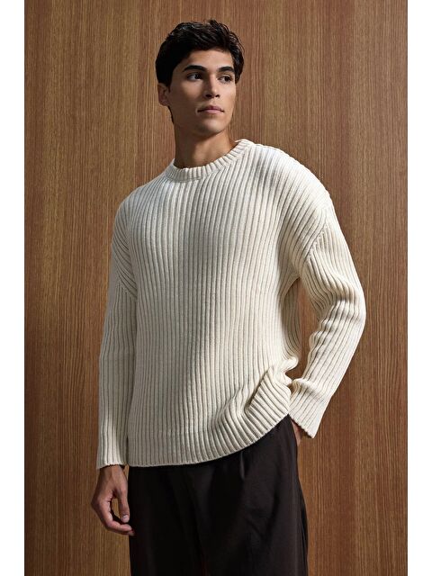 Abluka Online Erkek Oversize Fitilli Basic Triko Kazak Bej - S000494000-19928